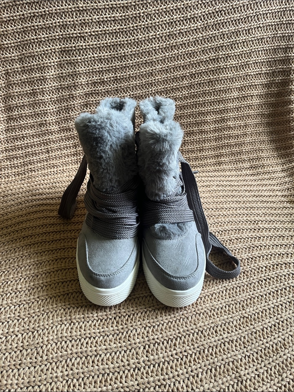 Time and Tru Gray Faux-Fur Lace-Up Winter Boots